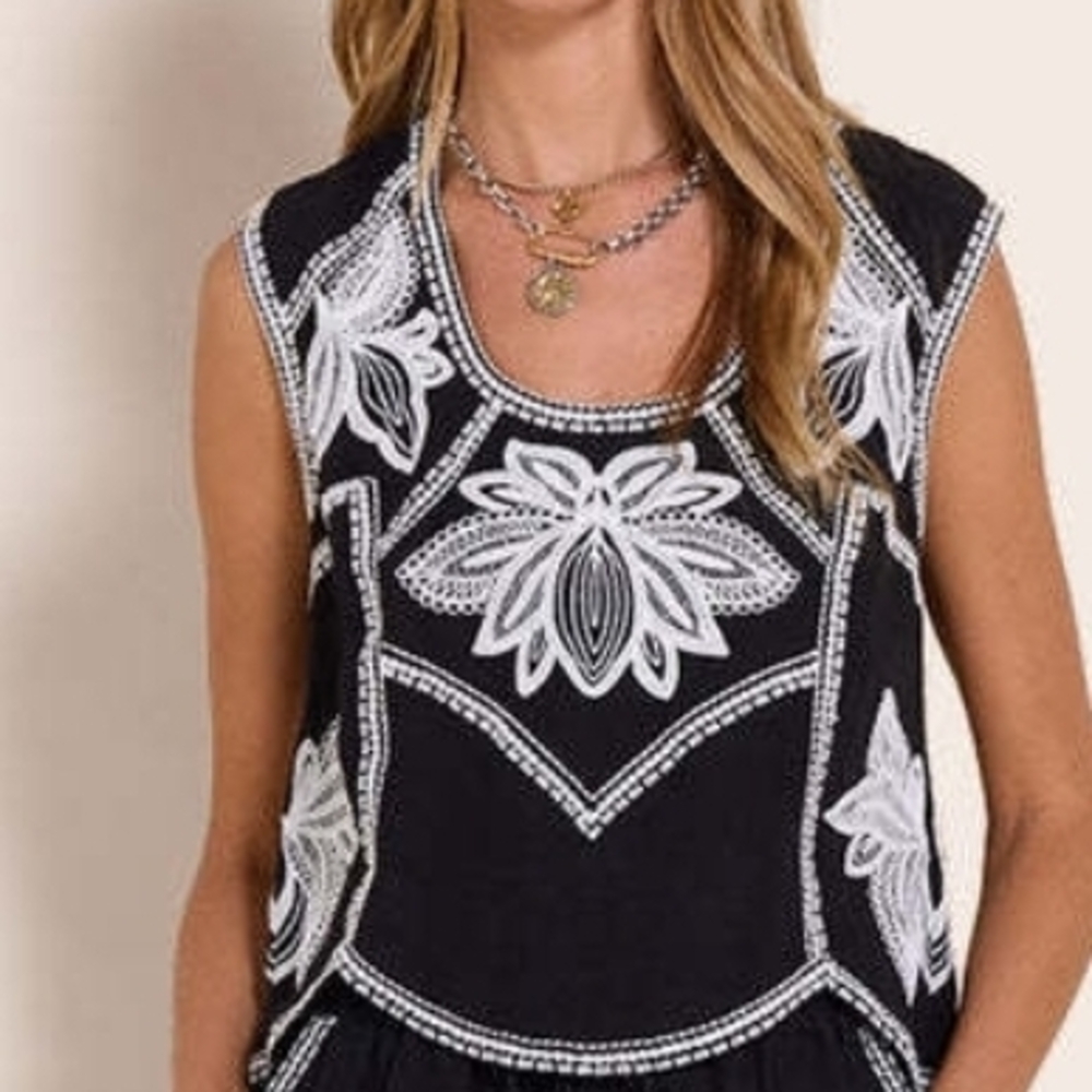 Black and White Embroidered Sleeveless Top